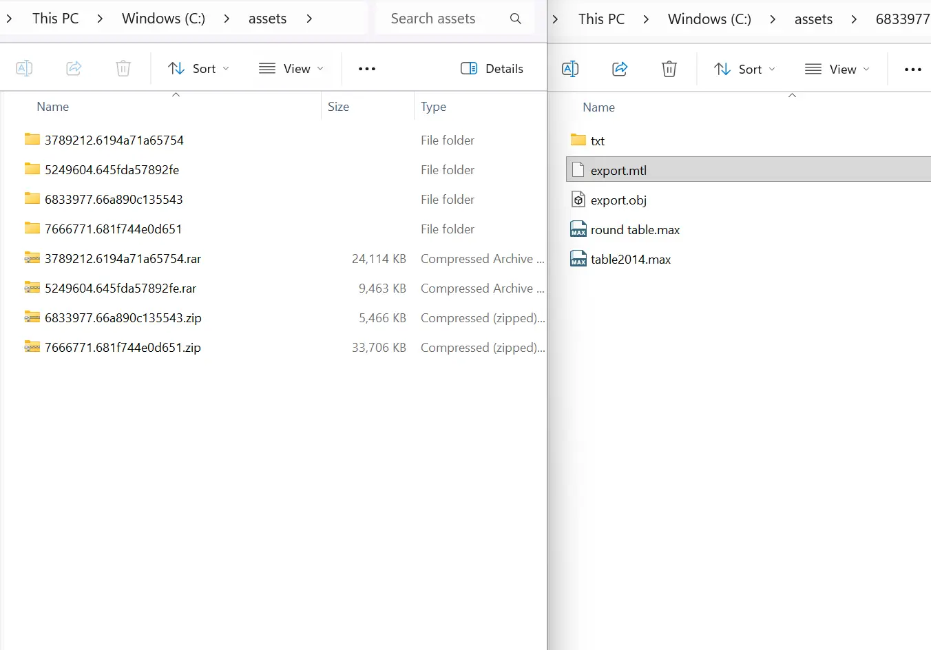 Messy downloads folder with 3D assets scattered across mismatched subfolders