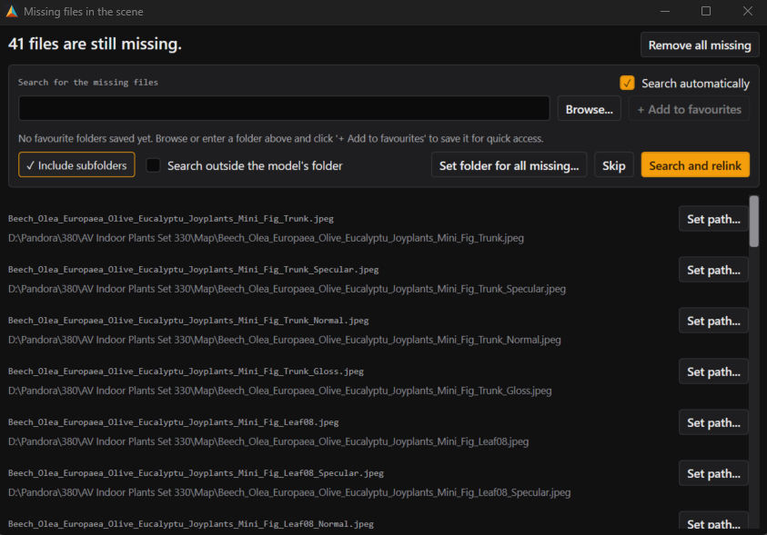 The SAM missing files window: how many files are missing, the folder search options and the list of files to relink