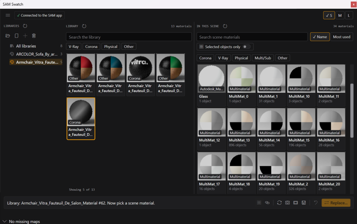 The SAM Swatch window in 3ds Max: your material libraries on the left, the library's materials in the middle and the materials in the scene on the right, with a Replace button